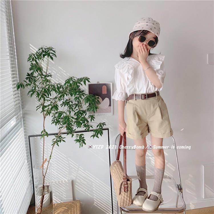 Bộ Đồ 3 Món Gồm Áo Ren Cổ Chữ V Kèm Quần Ngắn Và Thắt Lưng Thời Trang Mùa Hè Cho Bé Gái