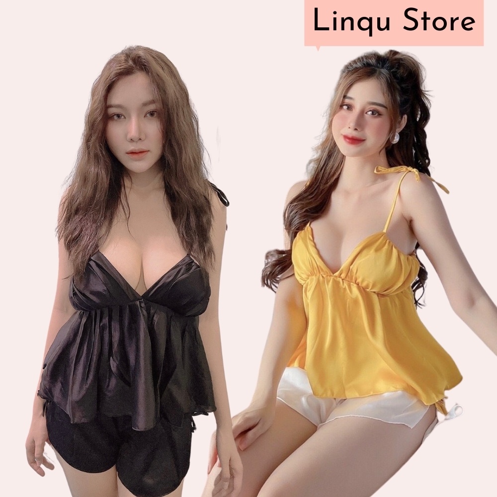 Đồ Ngủ Nữ - Đồ Ngủ Sexy Nữ Chất Satin Đồ Ngủ 2 Dây Xẻ Sâu Có Mút Ngực Freesize - Linqu Sleepwear