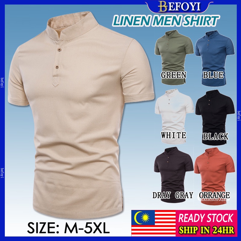 BEFOYI Men Casual Shirt Linen Slim Fit Plain Short Sleeve Stand Collar Tops SM201