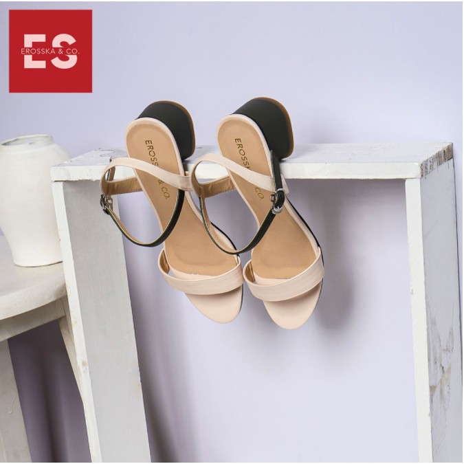 Giày Sandal Cao Gót Thời Trang Erosska Mũi Tròn Phối Dây Nhiều Màu Cao 3cm Màu Rêu EB019