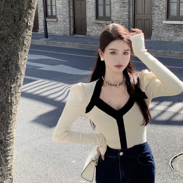 Cardigan Áo Len-Thiết kế cảm giác thích hợp tương phản màu sắc áo len dài tay của phụ nữ áo mới áo len mỏng nhẹ nhàng kết hợp tất cả các kết hợp