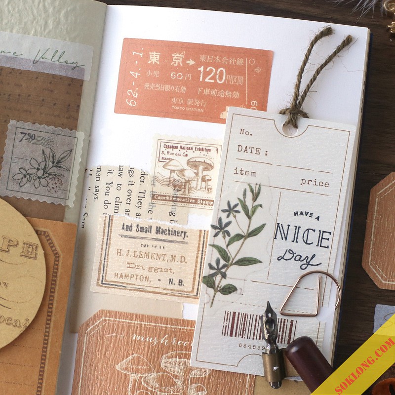 Sticker hoa và tranh/ thiệp vintage Sổ KLONG, sitcker hình tag list tùy chọn trang trí bullet journal