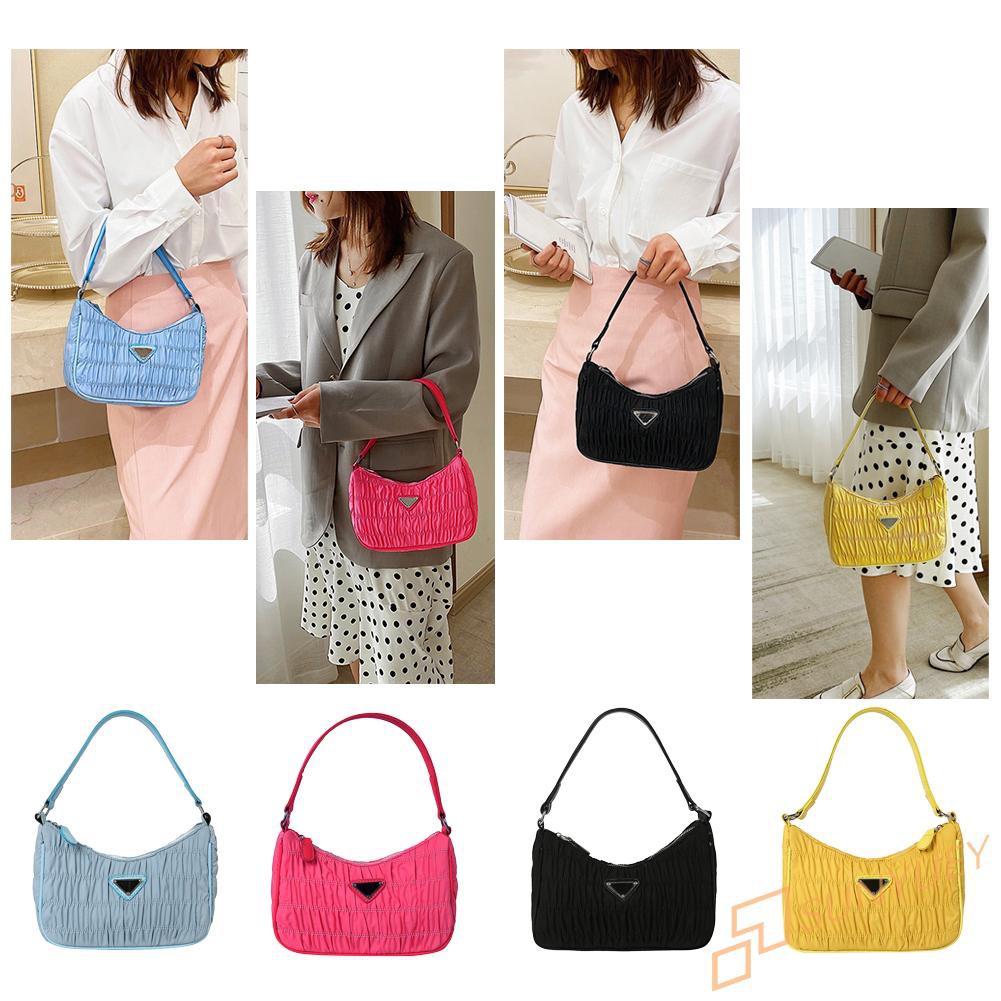 【In Stock】Nylon Women Handbag Retro Evening Clutch Pleated Shoulder Bag Shopping Tote