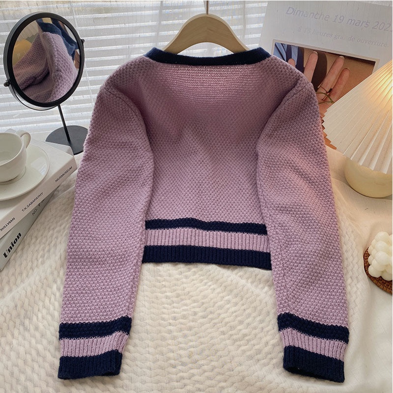 Xiaoxiangfeng Áo Khoác cardigan Dệt Kim Cổ Tròn Màu Sắc Tương Phản Nhẹ Nhàng Phong Cách Mùa Thu Cho Nữ