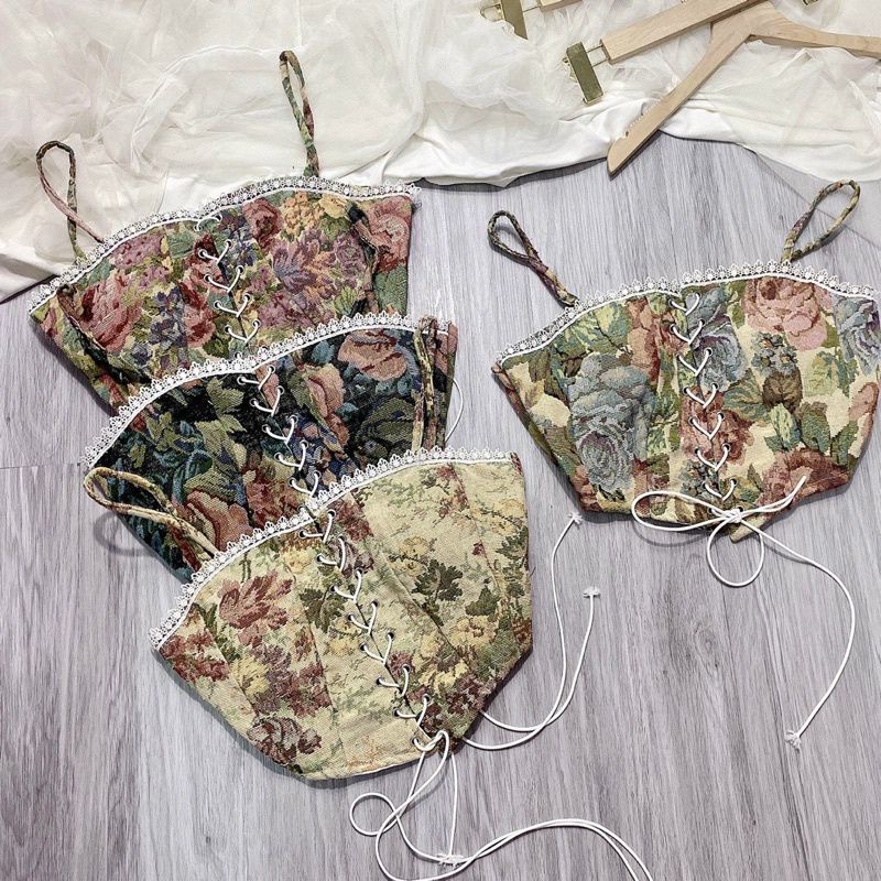 Áo thổ cẩm viền ren croptop đan dây retro pháp siêu hot kèm hình thật và video
