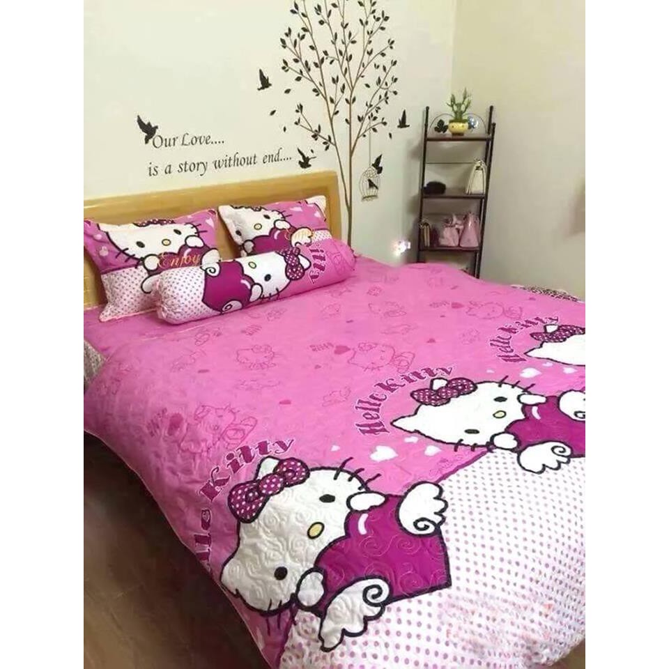 SALE 69K Bộ ga gối poly 1,6m HELLO KITTY CHẤM BI TO