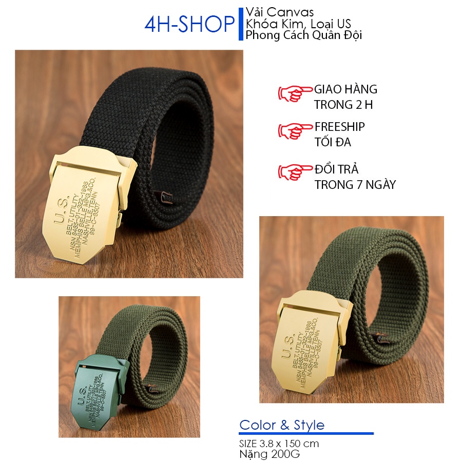 Thắt lưng nam vải bố Canvas khóa kim loại U.S, Size dây 3.5 x 115 cm, phong cach bền, đep, phượt, du lịch, nhiều kiểu ph