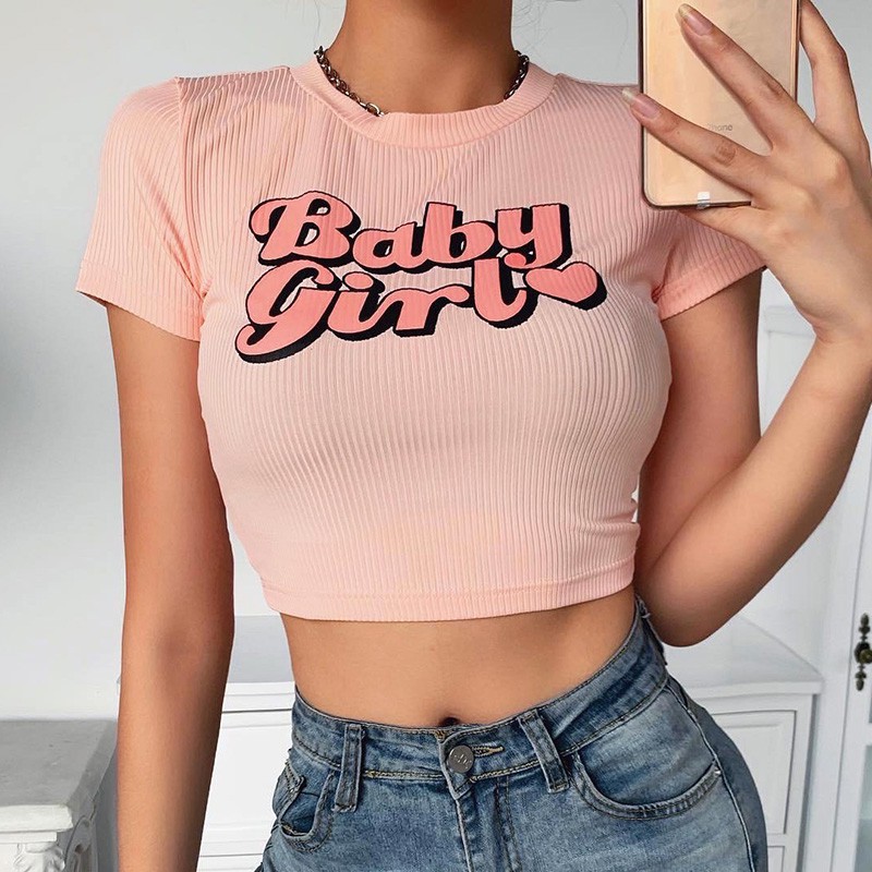 Letter print top women's European and American style women's all-match fashion slim fit slimming short navel-exposed sim