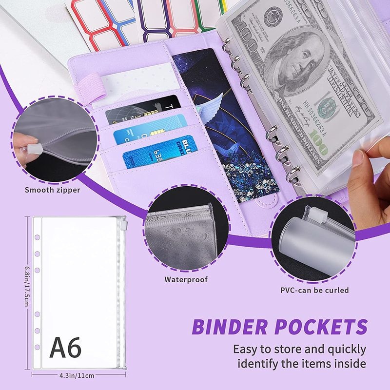 A6 Budget Binder Money Organizer for Cash, Portable Money Saving Binder, Binder Cover with Zipper Pockets