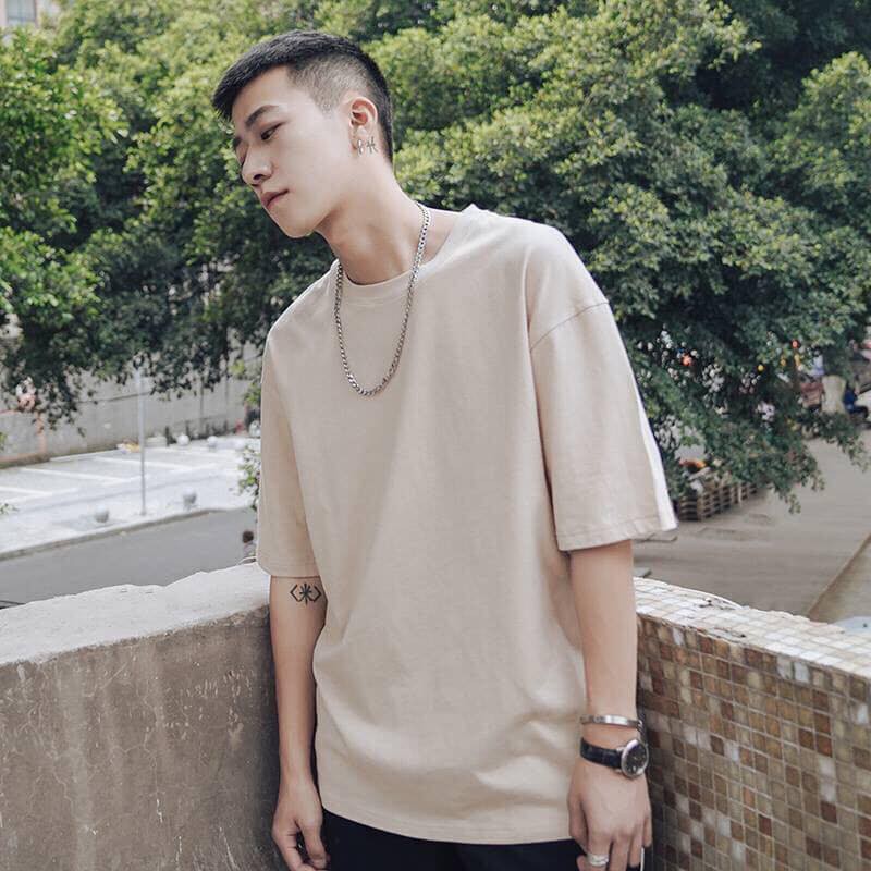FREESHIP 50K_ÁO THUN TAY LỠ NAM NỮ FORM RỘNG 50-65KG TRƠN MÀU KEM