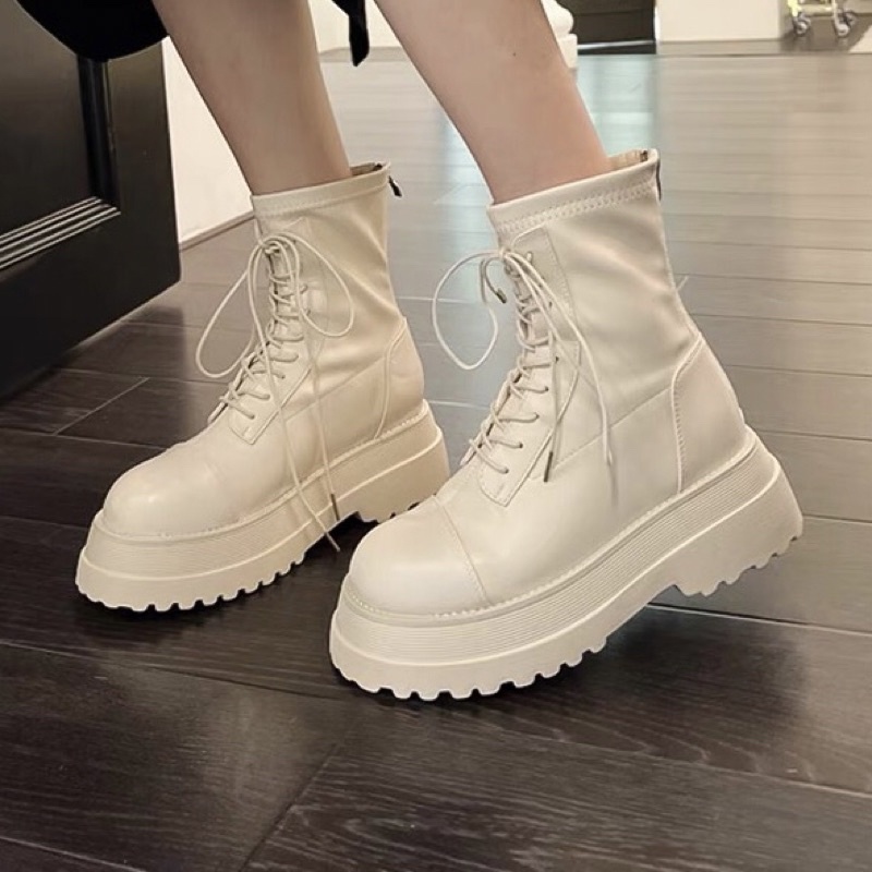 Giày bốt nữ buộc dây độn đế cao 6cm cá tính, Giày da ulzzang phong cách Hàn Quốc B400