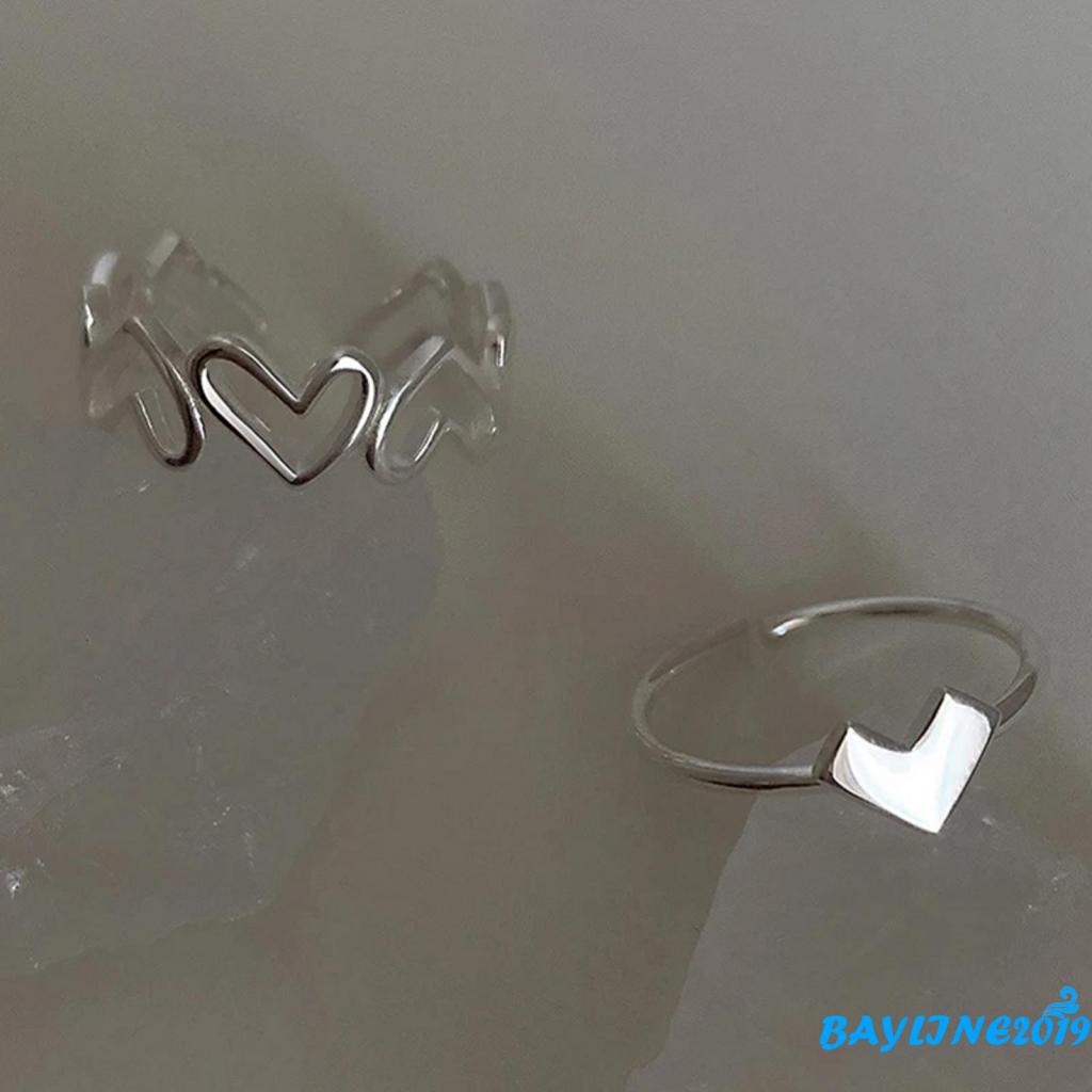 Set 2 nhẫn dạng hở điều chỉnh được kích thước trang trí trái tim thời trang dành cho nữ