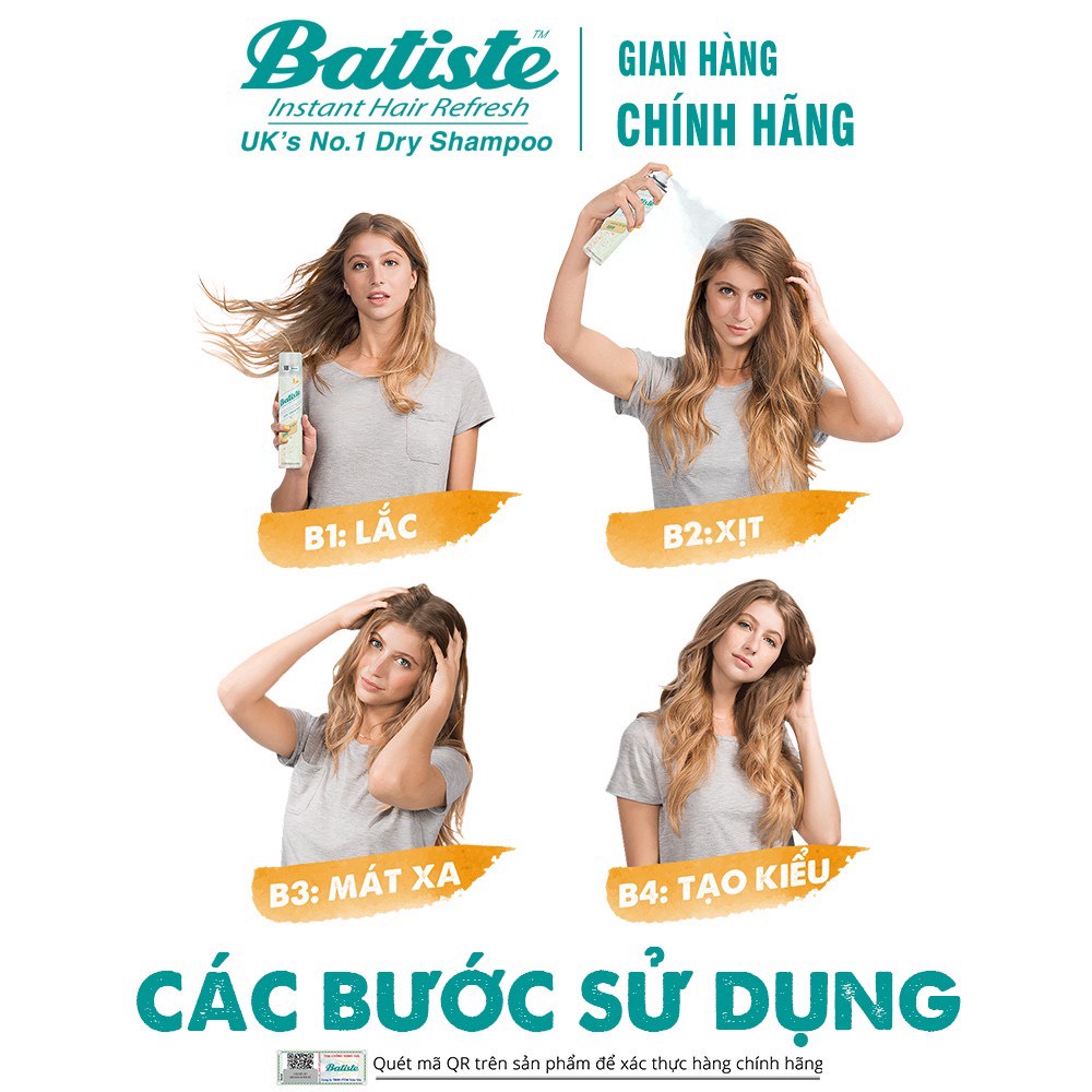Dầu Gội Khô Batiste Dry Shampoo Hết Ngứa, Hết Bết Dính Tóc Bồng Bềnh Tức Thì chai 200ml và 50ml
