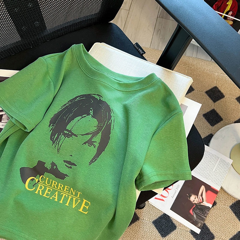 Áo Thun Tay Ngắn Hở Vai In Họa Tiết Màu Xanh Lá Thời Trang Mùa Hè Cho Nữ