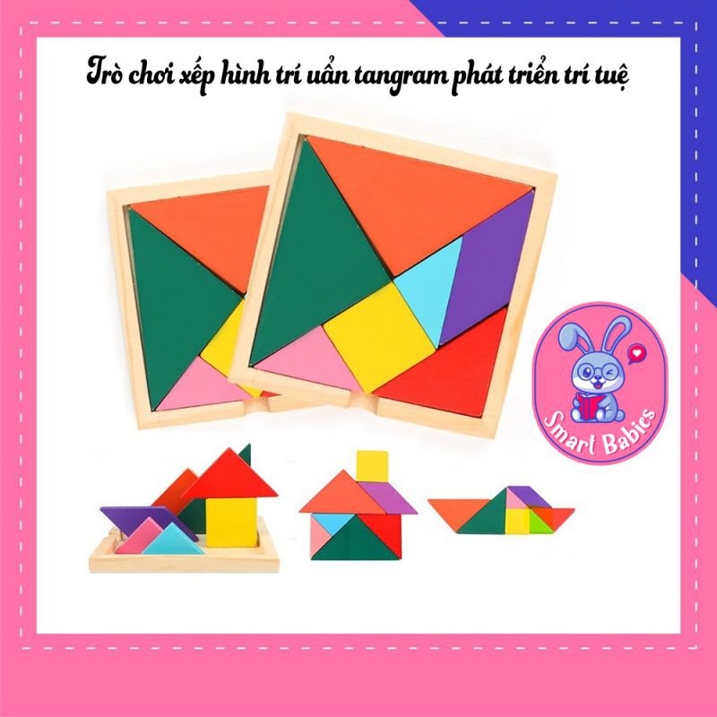 Đồ chơi trí uẩn Tangram 12x12cm, đồ chơi xếp gỗ montessori thông minh trí tuệ cho bé