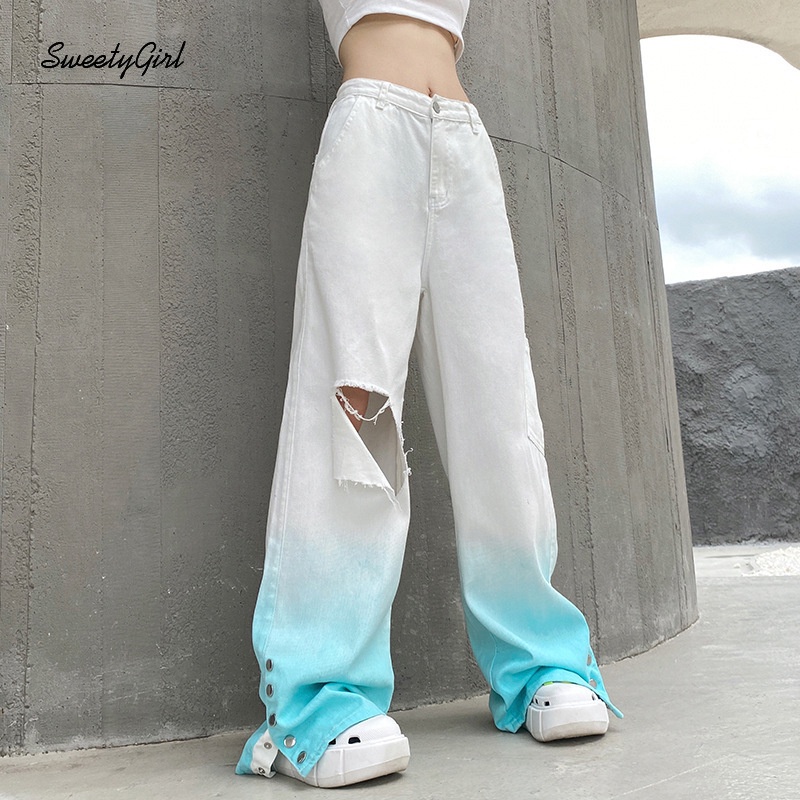 Quần Jean Dài Lưng Thấp Dáng Rộng Phối Nút Màu Gradient Thời Trang 2022 Cho Nữ