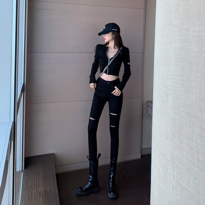 QUẦN SKINNY JEAN NỮ GIÃN DÀI LƯNG CAO RÁCH SỌC ĐÙI PHẢI 2 SỌC ĐÙI TRÁI MÀU ĐEN CAO CẤP NITI2 ĐỦ SIZE CHẤT BÒ GIÃN HOT