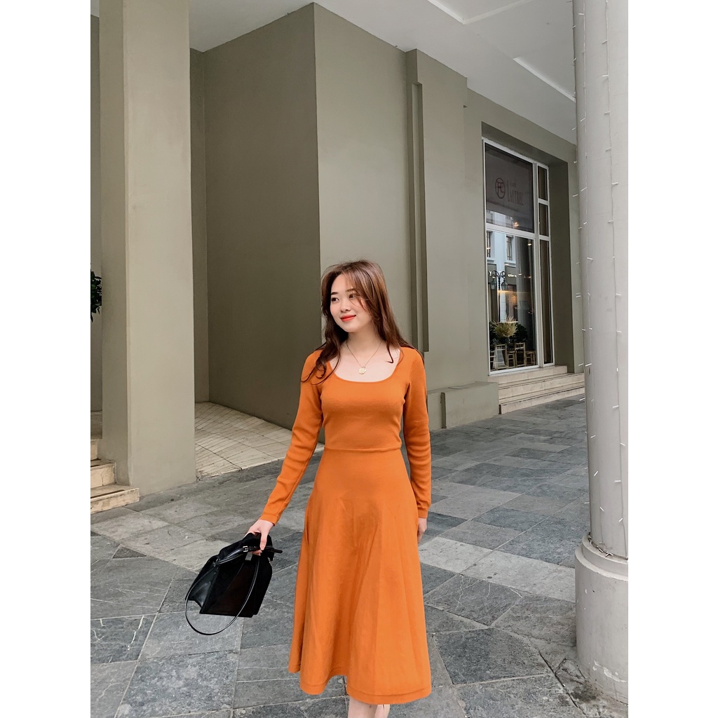 Váy ôm liền cổ ngang dài tay chất len tăm freesize Juliette Harriet