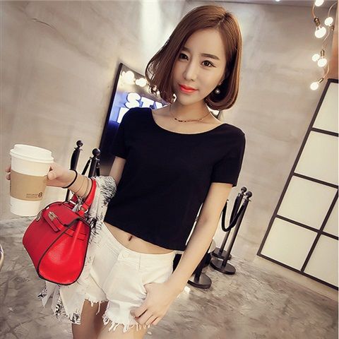 [Follow My Shop] Crop Top short sleeve  Sexy Skinny Casual Fashion Women Clothes Europe and the United States show chest big one line collar high waist exposed navel flat mouth letter embroidery short tight short sleeve T-shirt women's fashion