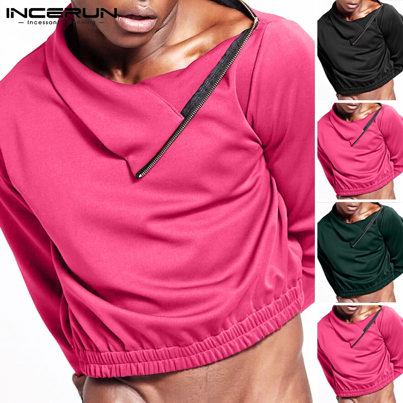 Áo INCERUN tay dài cổ tròn không đối xứng phối dây kéo dành cho nam