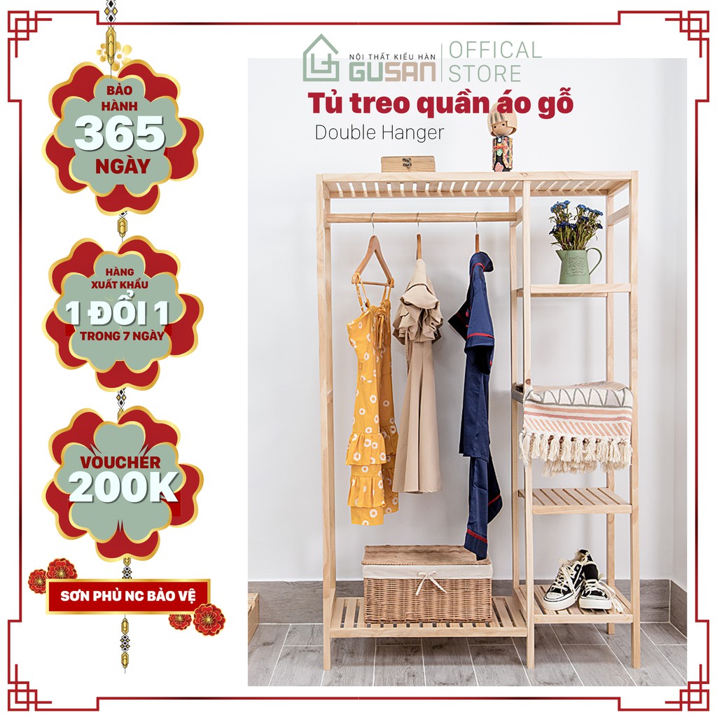 Kệ Tủ treo quần áo bằng gỗ thông minh 2 ngăn GUSAN, dùng cho shop thời trang, giá treo quần áo thông minh