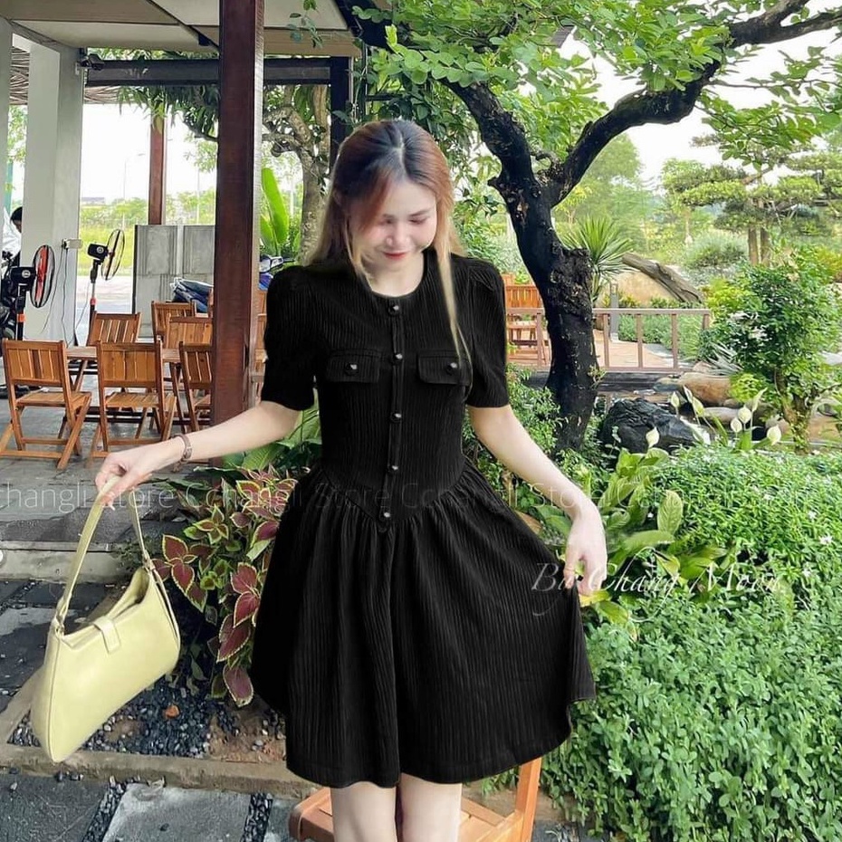Váy dự tiệc ,váy gân cổ tròn thiết kế dáng xòe tay bồng tiểu thư sang chảnh đi làm dạo phố XM đầm nữ Minh Phúc
