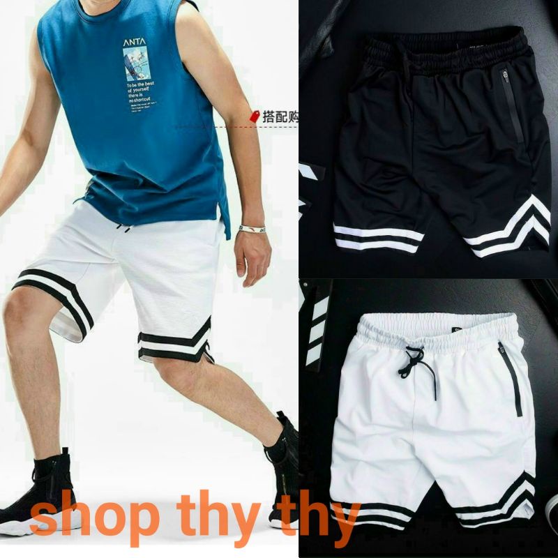 Quần short nam dây rút V line 2 sọc có khoá kéo xịn dạng quần đùi thể thao tập Gym nam thoáng mát cho ngày hè năng động