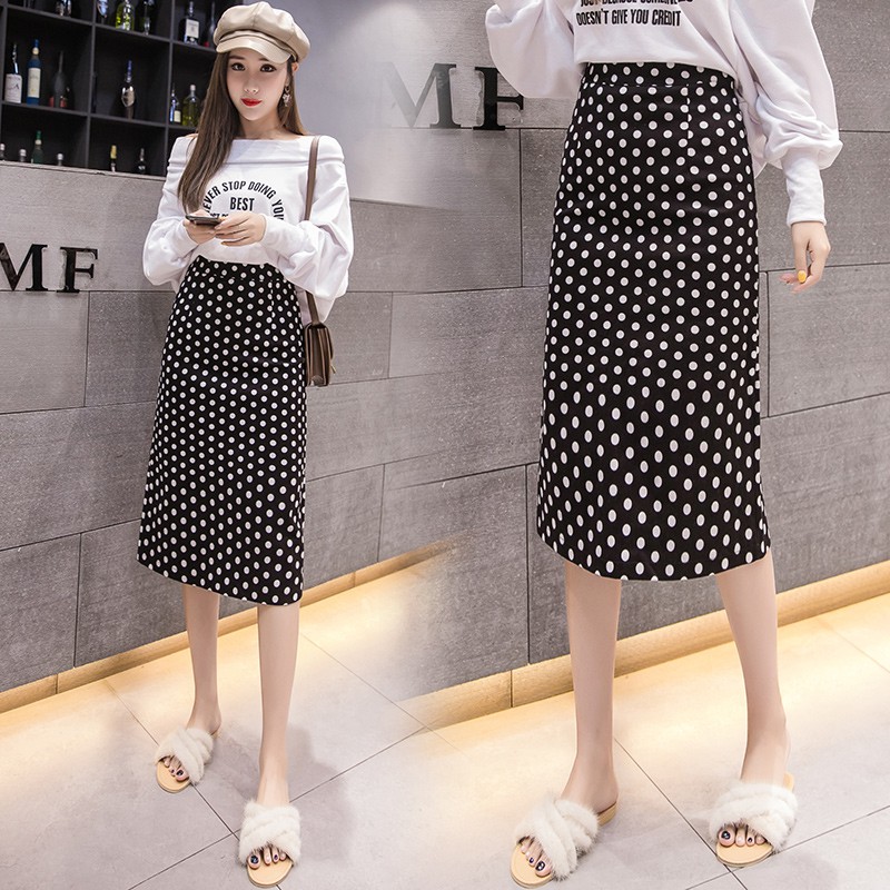 Váy midi chữ A họa tiết chấm bi đen phong cách Hàn Quốc