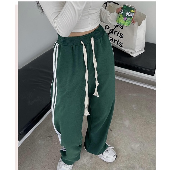 Quần Thể Thao Lưng Cao Ống Rộng Họa Tiết Kẻ Sọc Phong Cách Hàn Quốc Thời Trang Cho Nữ