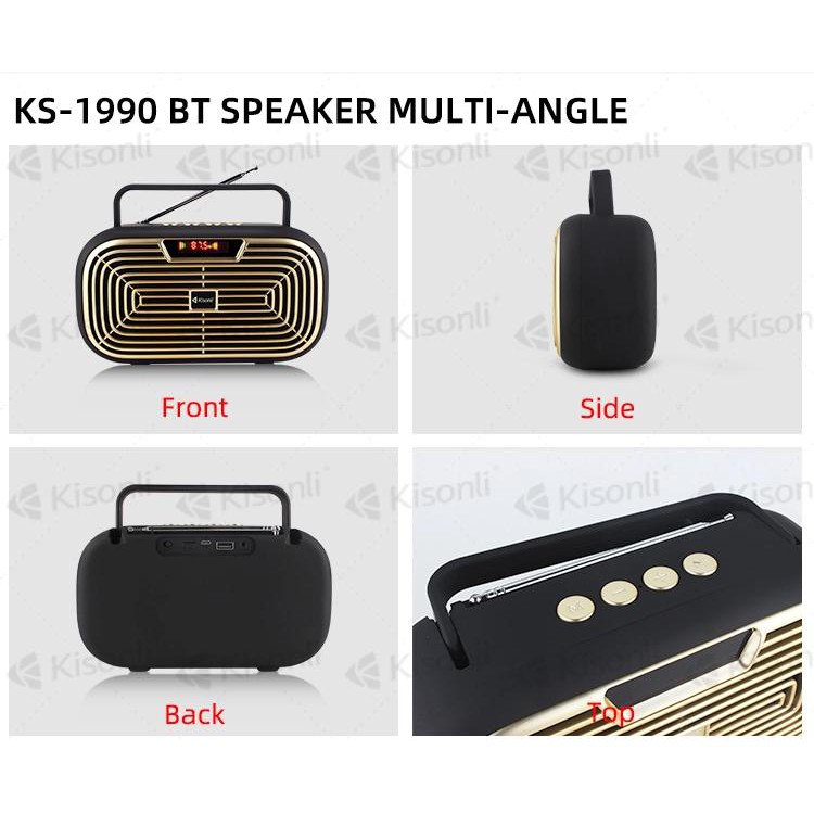 Loa bluetooth Kisonli KS-1990 tích hợp anten bắt sóng cực mạnh, kèm romote, hỗ trợ thẻ nhớ/ USB/ FM/ AUX (nhiều màu)