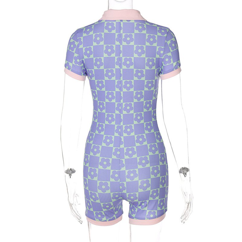 Áo liền quần tay ngắn cổ polo cài nút in họa tiết hoa dành cho nữ