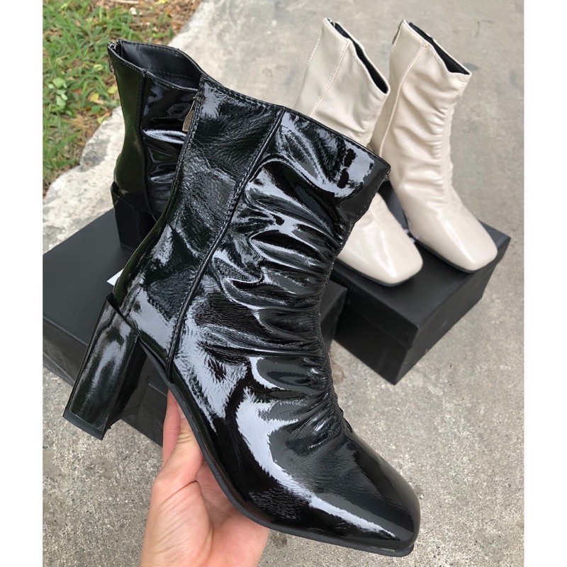 Bốt nữ/ boot nhăn da bóng Cổ Thấp 7Cm Hai Màu Đen Kem Cực Sang Chảnh Đế Vuông Mũi Vuông | BigBuy360 - bigbuy360.vn