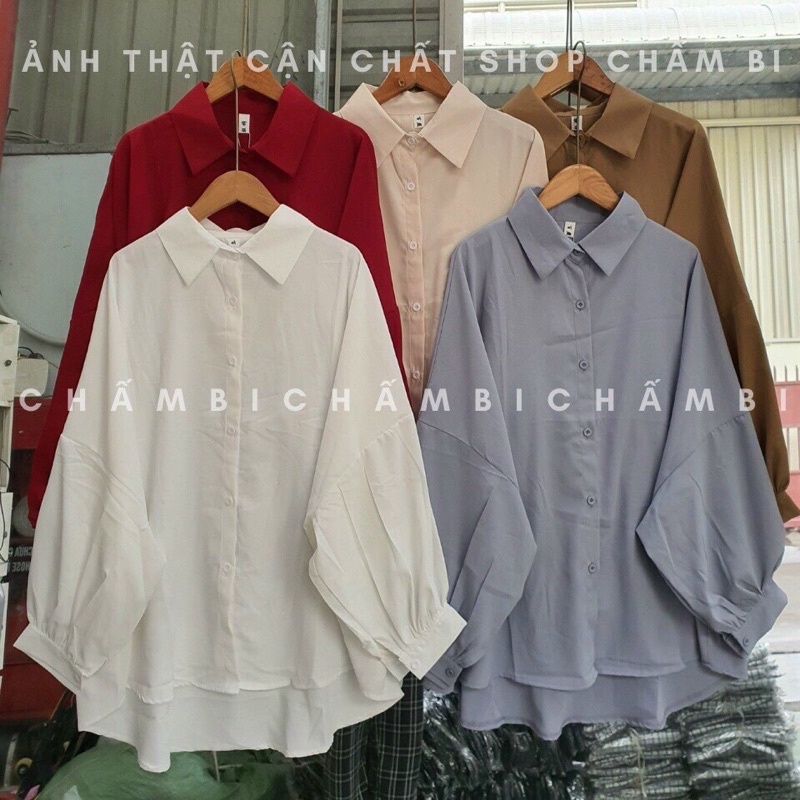 Áo sơ kiểu kiểu nữ Anhribi, Áo sơ mi lụa cổ đức tay bồng dáng dài cách điệu phong cách đơn giản