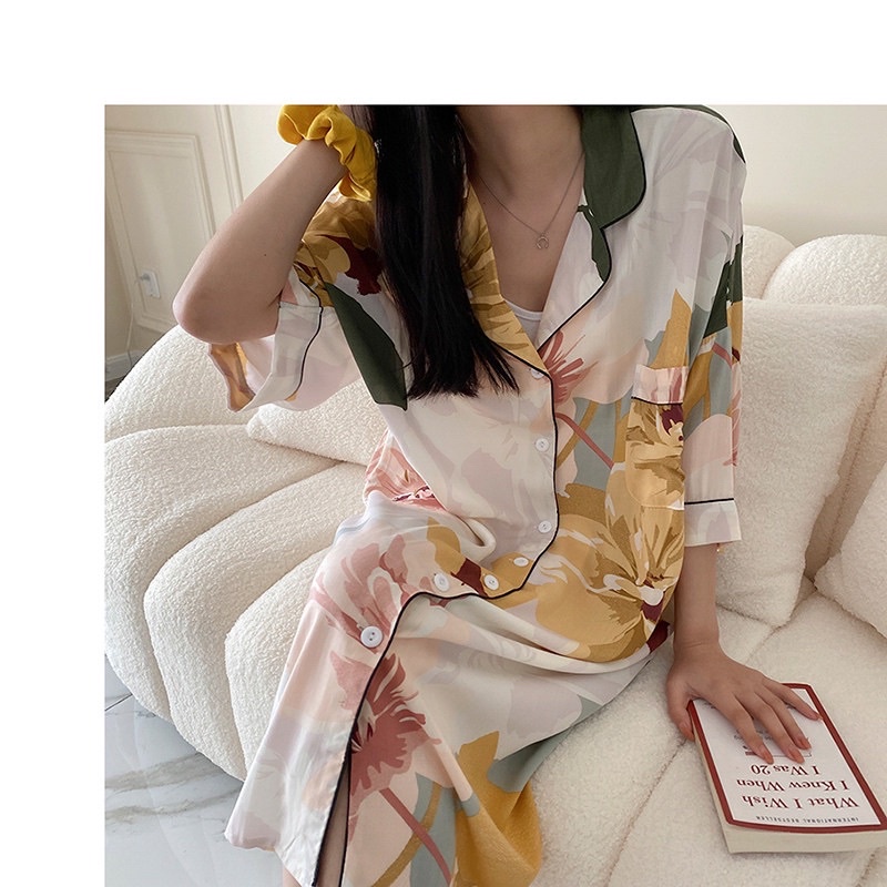 Váy ngủ Đầm mặc nhà pijama sơ mi QCCC cotton lanh lụa maxi dài hè mát mẻ bầu và sau sinh | BigBuy360 - bigbuy360.vn