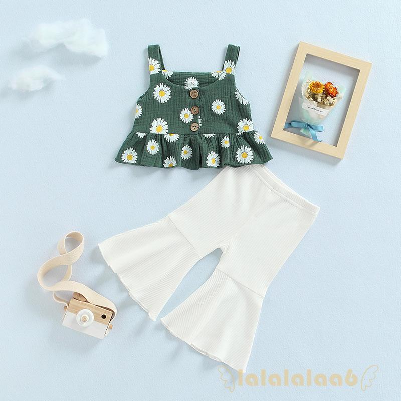 Bộ áo hai dây họa tiết hoa cúc + quần ống loe thời trang đáng yêu cho bé gái