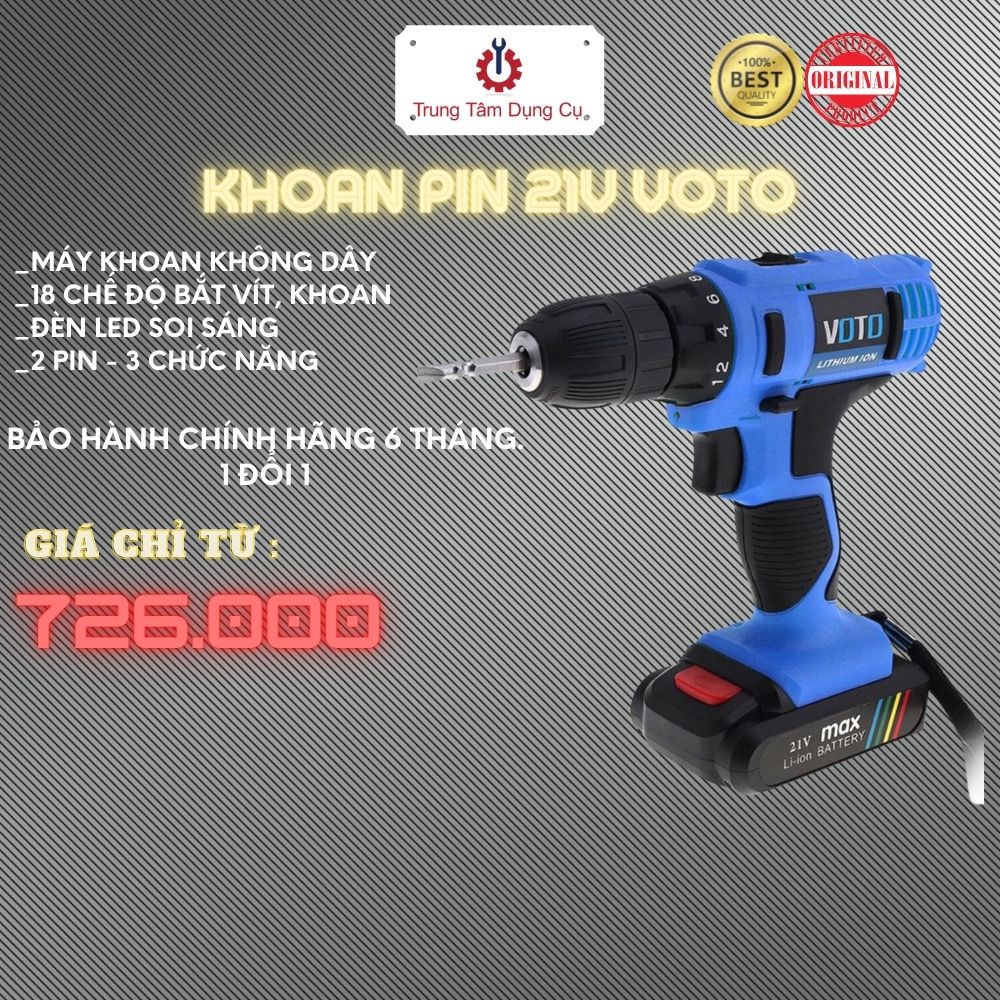 Khoan Pin  21V Chính Hãng VOTO (Bảo Hành 6 Tháng) - Tặng Kèm Hộp Nhựa