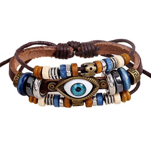 Vòng Đeo Tay Dây Da Giả Mặt Hình Mắt Người Thổ Nhĩ Kỳ Độc Đáo