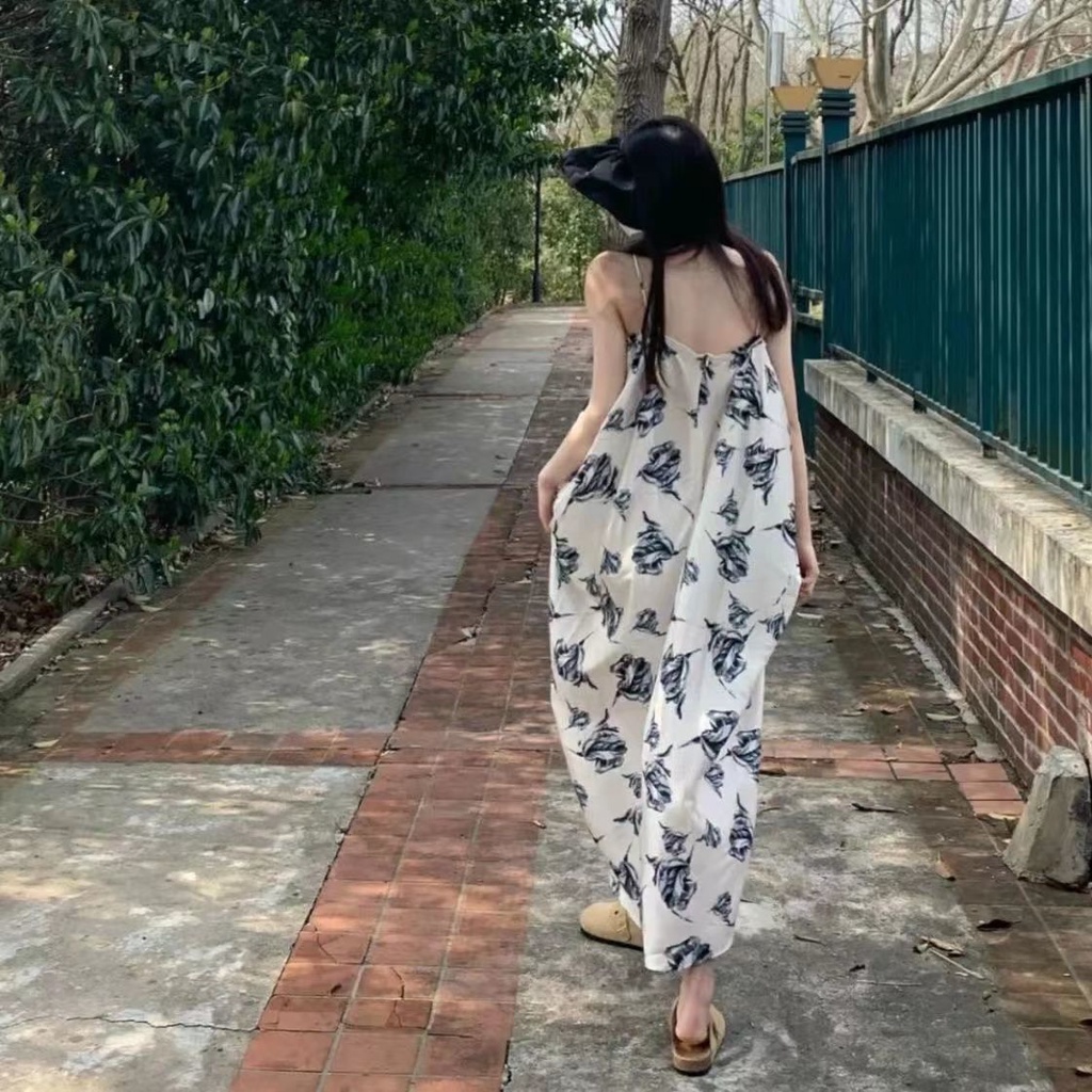 Đầm Hoa Hai Dây Dáng Chữ A Lưng Cao Thời Trang Hàn Quốc Xinh Xắn Cho Nữ