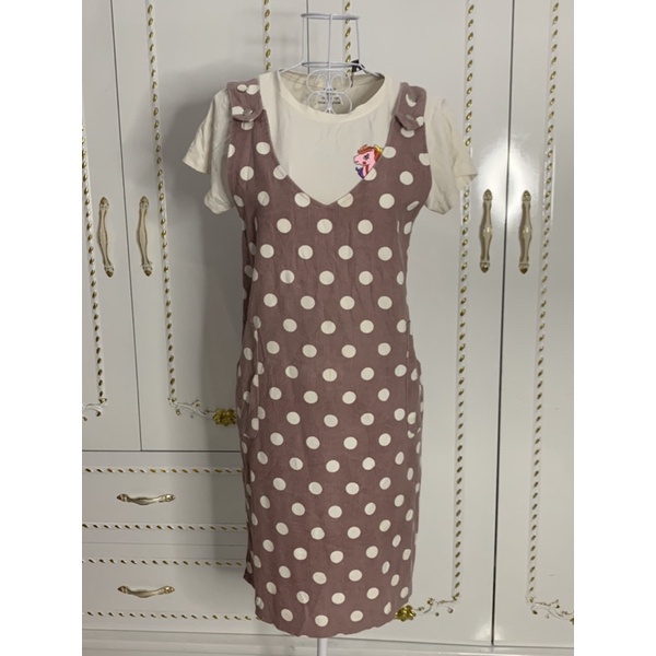 đầm yếm jean Hồng ruốc chấm bi ~57kg