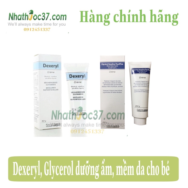 Kem dưỡng da Dexeryl giúp giữ ẩm, ngăn ngừa khô da, nứt nẻ. Dùng an toàn cho trẻ sơ sinh, trẻ nhỏ. Kem Glycerol Pháp