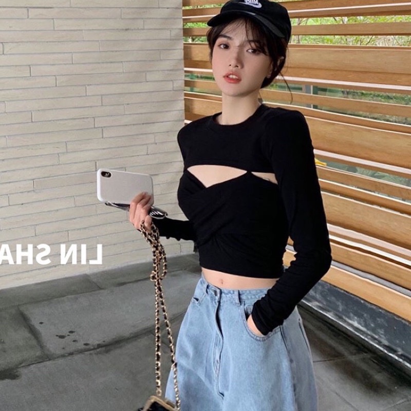 Sét Áo Cotton Thun Lạnh 2 Dây trong Ngực Đan Chéo Áo Ngoài Ngắn Tay Dài