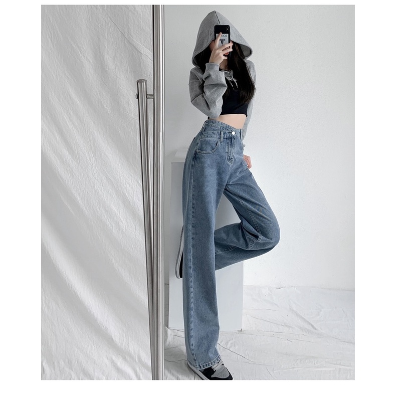 💃Quần Jeans Nữ Cạp Lệch Ống Rộng Trơn 2 Màu