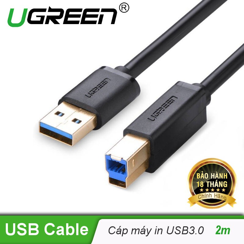[Freeship] Cáp máy in USB 3.0 đầu mạ vàng dài 2m UGREEN 10372 (đen)