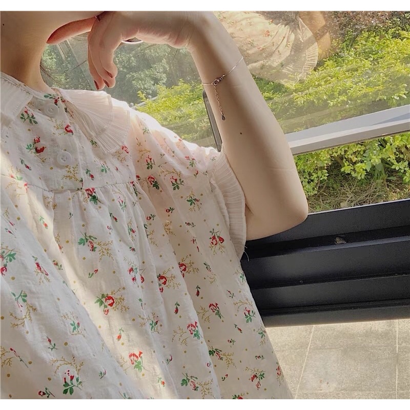 Váy ngủ mặc nhà phong cách Nhật Bản hoạ tiết hoa nhí viền bèo vải lanh cao cấp mùa hè thoáng mát (SẴN )