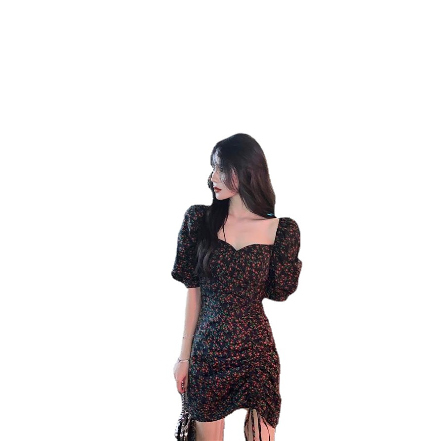 COZOK Đầm tay phồng cổ vuông họa tiết hoa phong cách retro