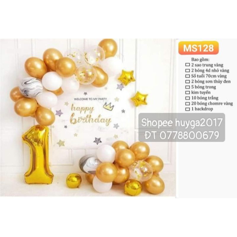 ( KÈM BACKDROP +KÈM BƠM KEO) SET BÓNG SINH NHẬT TÔNG TRẮNG ĐEN MS128