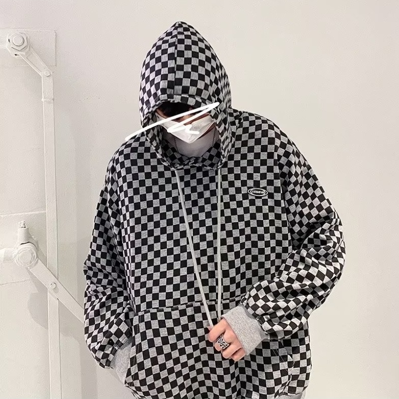 Áo hoodie bàn cờ tay dài dáng rộng lưới đen trắng họa tiết phong cách hàn quốc thời trang cho nam nữ thời trang áo pull bigsize unisex