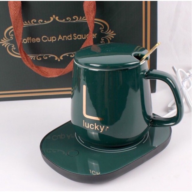 ✔️Cốc Hâm Nóng đồ uống kèm đế điện, Bộ ly sứ kèm đế điện hâm nóng trà, cafe, hâm sữa+Tặng kèm thìa vàng, hộp sang trọng