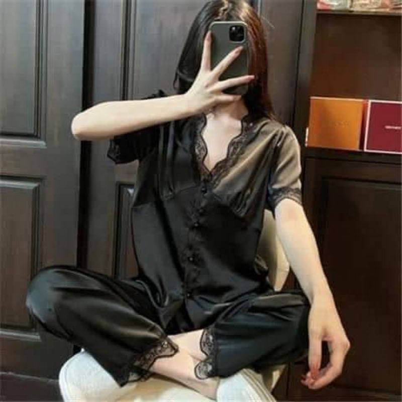 Set bộ lụa cộc tay quần dài cao cấp phối ren nút kiểu lấp lánh