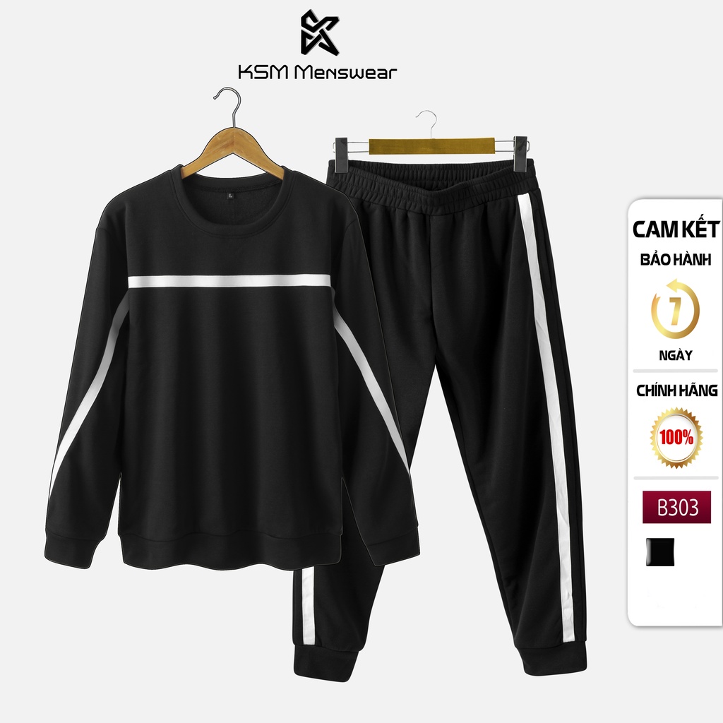 Bộ Nỉ Thể Thao Thu Đông Nam Thời Trang Cao Cấp KSM Menswear Phối Sọc Trắng Vải Cotton B303